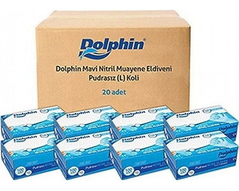 Dolphin Mavi Nitril Eldiven Pudrasız L Boy - 100 Adet x 20 Paket (Koli)