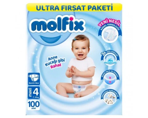 Molfix Bebek Bezi 3D 4 Beden Maxi 7-14 Kg 100Lü Ultra Fırsat Paketi Molfix Bebek Bezi 3D 4 Beden Maxi 7-14 Kg 100Lü Ultra Fırsat Paketi