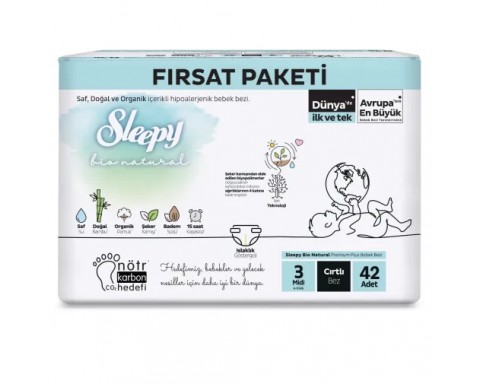 Sleepy Bebek Bezi Bio Natural 3 Numara Midi 42Li Fırsat Paket