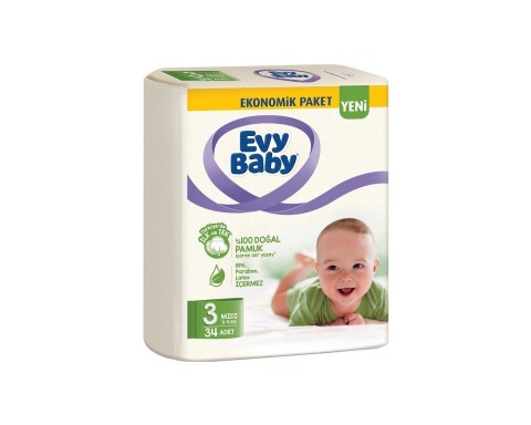 Evy Baby 3 Numara Ekonomik Paket Bebek Bezi 34 Adet